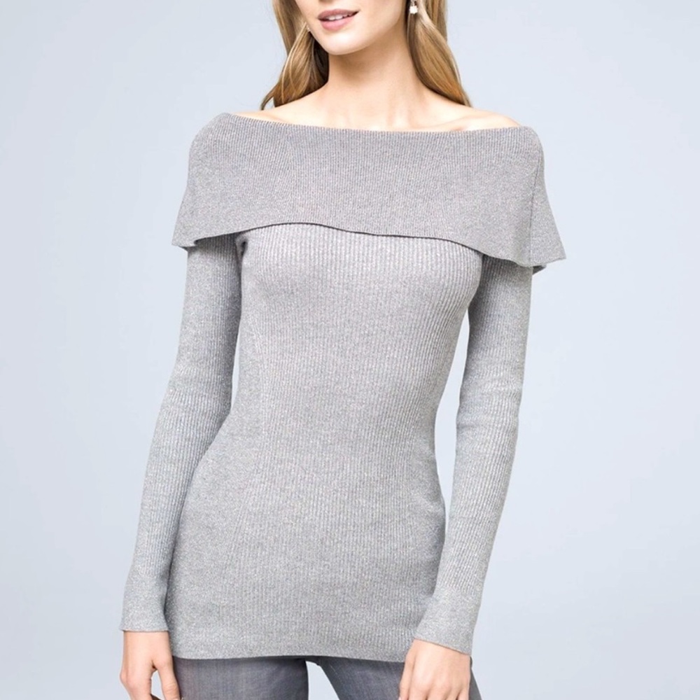 White House Black Market Gray silver Metallic Tunic Long Sleeve Sweater
